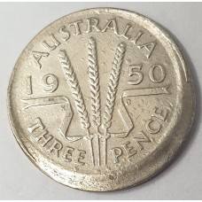 AUSTRALIA 1950 . THREEPENCE . ERROR . MIS-STRIKE . OFF CENTRE